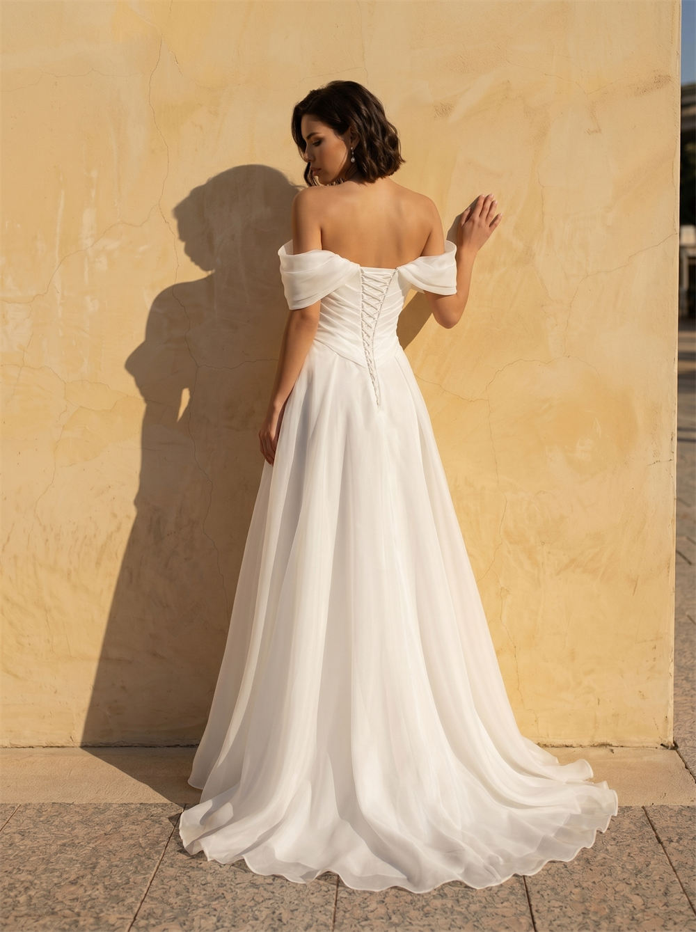 Off Shoulder Draped Organza A Line Wedding Dress 3D Floral Applique High Slit Lace Up Back Floor Length Bridal Dress