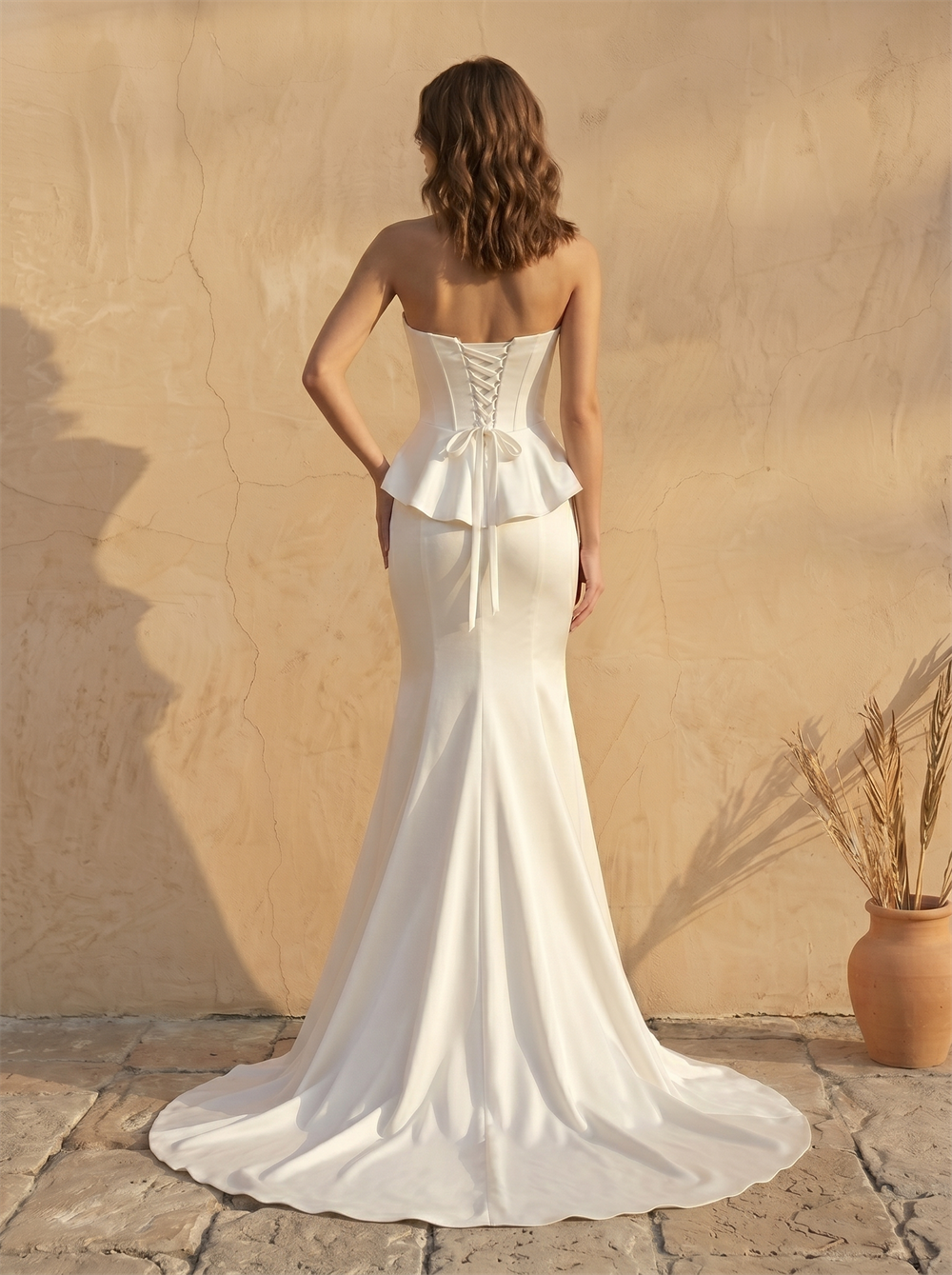 Strapless Pearl Beaded Peplum Corset Satin Mermaid Wedding Dress Lace-Up Back Slim Fit Chapel Train Luxury Bridal Dress