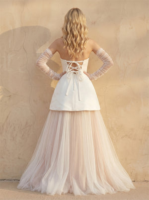 Strapless Two Tier Satin Tulle Wedding Dress Detachable Sheer Long Sleeve Romantic Blush Layered Bridal Dress