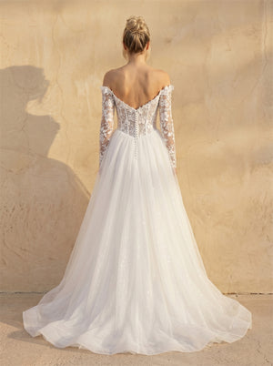 Off Shoulder Long Sleeve 3D Floral Lace Corset Wedding Dress Sparkle Tulle A Line Romantic Bridal Dress