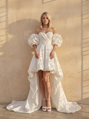 Strapless Off Shoulder Oversized Puff Sleeve Satin Mermaid Wedding Dress Back Big Bow Luxury Fitted Bridal Dress