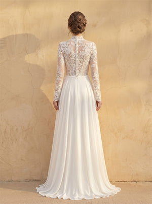 High Neck Long Sleeve Floral Lace Chiffon A Line Wedding Dress Sheer Button Back Modest Flowy Bridal Dress