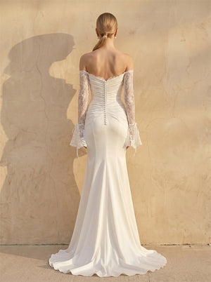 Off Shoulder Bell Long Sleeve Lace Satin Mermaid Wedding Dress Elegant Ruched Fitted Bridal Dress