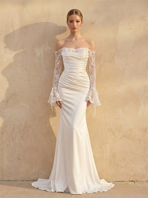 Off Shoulder Bell Long Sleeve Lace Satin Mermaid Wedding Dress Elegant Ruched Fitted Bridal Dress
