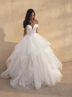 Off Shoulder Deep V Satin Corset Ruffled Layered Tulle Ball Gown Wedding Dress Princess Voluminous Bridal Dress