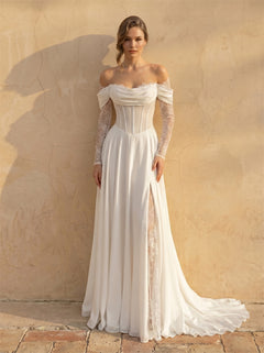 Off Shoulder Draped Long Lace Sleeve Corset Chiffon Wedding Dress High Slit A Line Flowy Bridal Dress