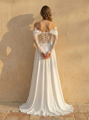 Off Shoulder Draped Long Lace Sleeve Corset Chiffon Wedding Dress High Slit A Line Flowy Bridal Dress