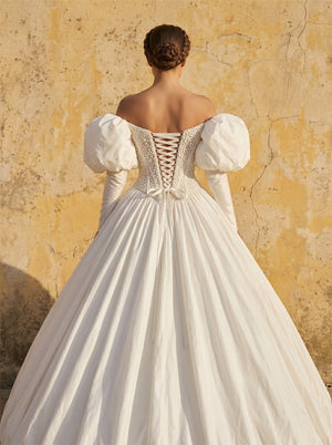 Off Shoulder Puff Long Sleeve Beaded Corset Satin Ball Gown Wedding Dress Luxury Voluminous Princess Bridal Dress