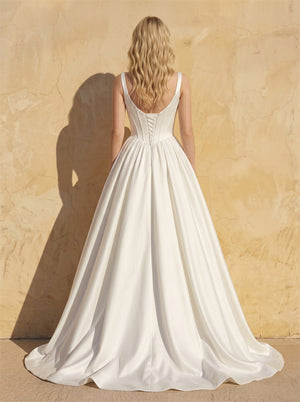 Square Neck Wide Strap Structured Corset Satin Ball Gown Wedding Dress Minimalist Voluminous A Line Bridal Dress