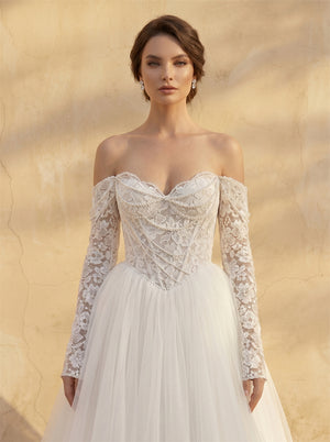 Off Shoulder Long Sleeve Lace Corset Tulle Ball Gown Wedding Dress Beaded Sweetheart Lace Up Back Romantic Bridal Dress