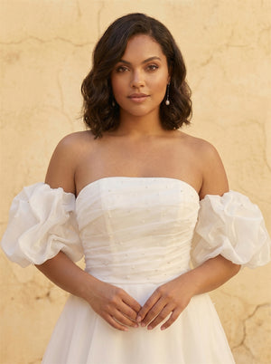 Strapless Beaded Bodice Detachable Puff Off Shoulder Sleeve Organza A Line Wedding Dress Back Pearl Button Romantic Voluminous Bridal Dress