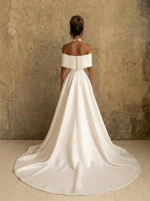 Off Shoulder Fold Collar Satin Wedding Dress Front High Slit Elegant A Line Long Train Minimalist Bridal Dress