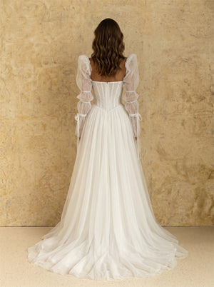 Strapless Beaded Pleated Tulle Wedding Dress Puff Long Sleeve Bow Cuff High Slit A Line Back Zip Romantic Bridal Dress