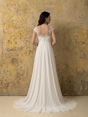 Cap Sleeve Leaf Lace Illusion Neck Empire Waist Chiffon Wedding Dress Sheer Illusion Back Pearl Button Elegant Flowy Bridal Dress
