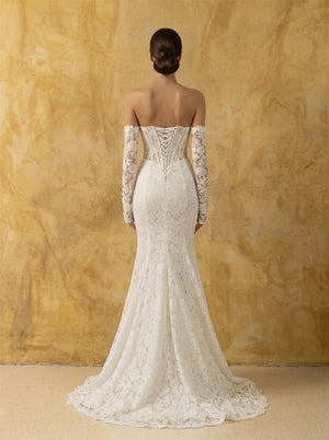 Strapless Beaded Corset Floral Lace Mermaid Wedding Dress Detachable Long Lace Sleeve Lace Up Back Fitted Long Train Bridal Dress