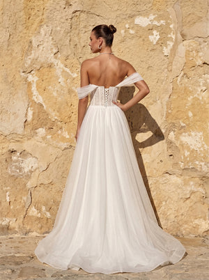 Off Shoulder Sweetheart Beaded Corset Glitter Tulle Wedding Dress Lace Up Back Flowy A Line Romantic Long Train Bridal Dress