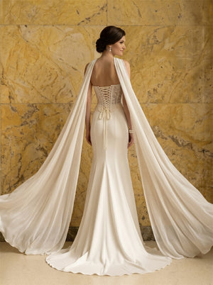 Sweetheart Lace Corset Mermaid Satin Wedding Dress Detachable Long Chiffon Cape Cloak Lace Up Low Back Bridal Dress