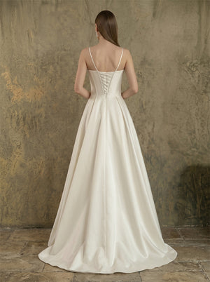 Thin Spaghetti Strap Cowl Neck Corset Satin Wedding Dress High Slit A Line Lace Up Back With Side Pockets Bridal Dress