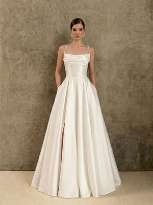 Thin Spaghetti Strap Cowl Neck Corset Satin Wedding Dress High Slit A Line Lace Up Back With Side Pockets Bridal Dress
