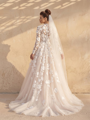 Modest High Neck Full Sleeve 3D Flower Lace Wedding Dress Voluminous Champagne Tulle A Line Formal Bridal Dress