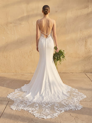 Spaghetti Strap Lace Mermaid Wedding Dress V Neck Low Back Cross Tie Bridal Dress With Lace Train
