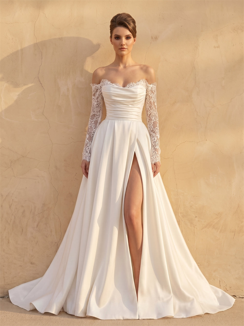Off Shoulder Long Lace Sleeve Satin A Line Wedding Dress Sweetheart Low Back High Slit Bridal Dress