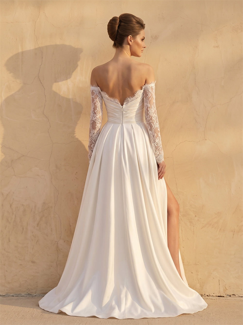 Off Shoulder Long Lace Sleeve Satin A Line Wedding Dress Sweetheart Low Back High Slit Bridal Dress