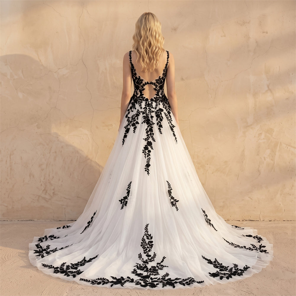 Sleeveless Deep V Neck Black Floral Lace A Line Wedding Dress Heart Cutout Low Back White Tulle Chapel Train Gothic Bridal Dress
