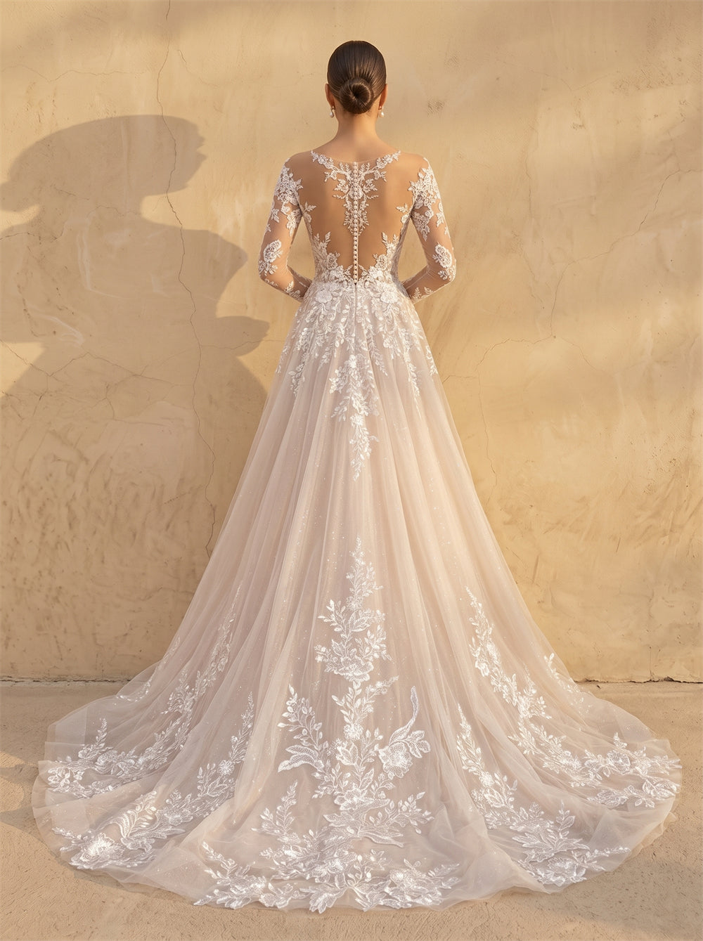 Long Sleeve Deep V Illusion Lace A Line Wedding Dress Sheer Low Back Button Sparkle Glitter Tulle Chapel Train Bridal Dress