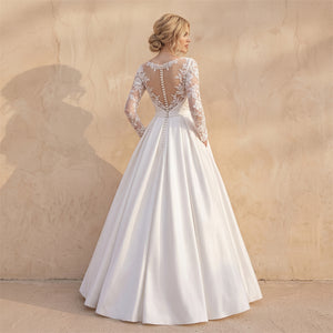 Long Lace Sleeve Plain Satin Wedding Dress Illusion Sheer Back Pocket A Line Formal Bridal Dress