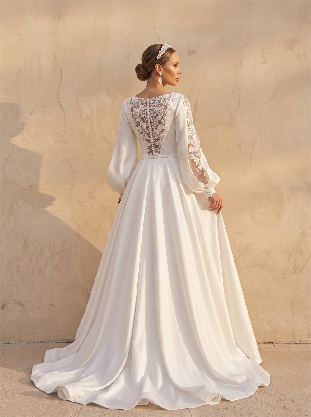Bateau Neck Bishop Puff Lace Sleeve Satin A Line Wedding Dress Sheer Floral Lace Illusion Low Back Button Chapel Train Bridal Dress