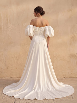 Off-The-Shoulder Puff Sleeve Satin Wedding Dress, Plain Fitted Mermaid Low Back Button Formal Bridal Dress