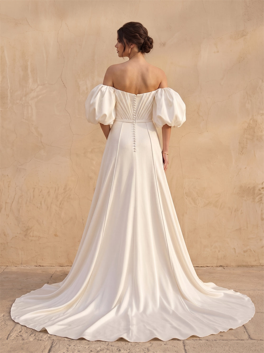 Off-The-Shoulder Puff Sleeve Satin Wedding Dress, Plain Fitted Mermaid Low Back Button Formal Bridal Dress