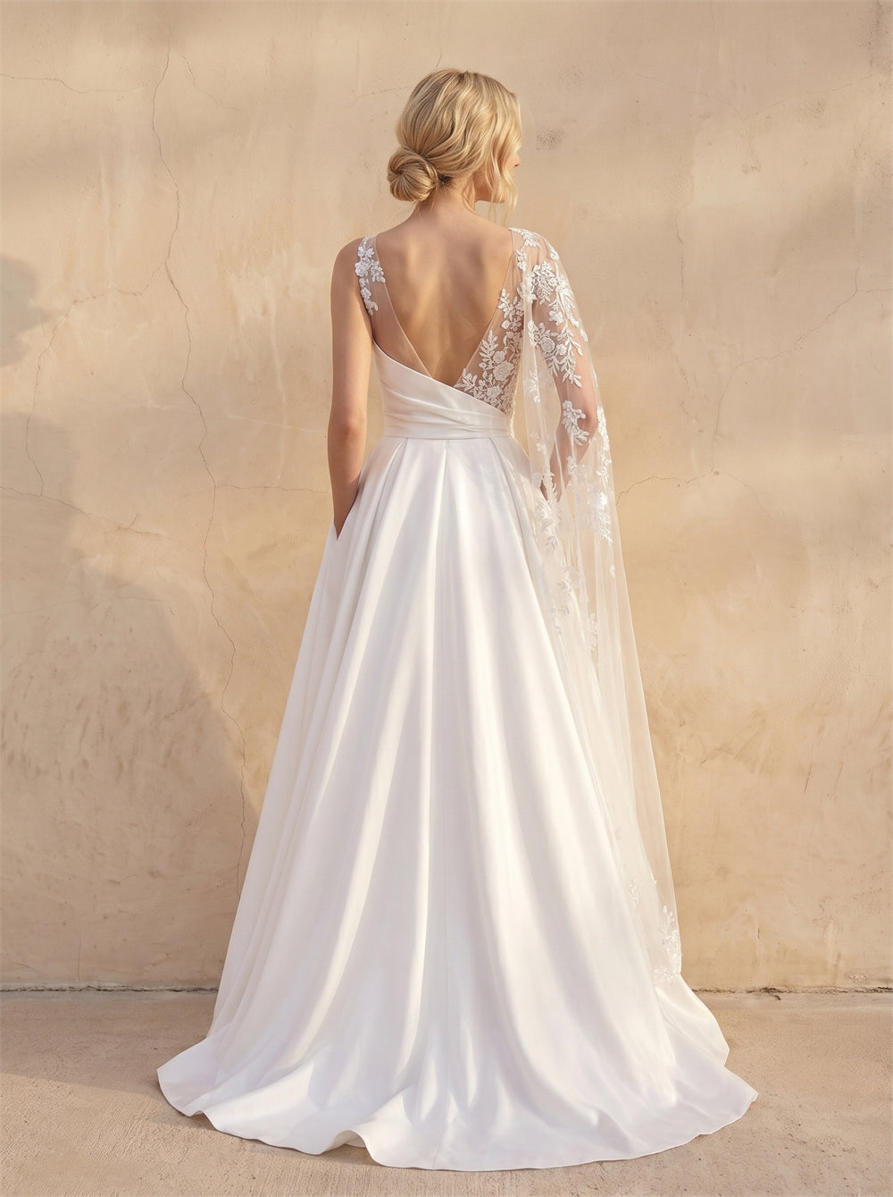 One Long Cape Lace Sleeve Satin Wedding Dress Asymmetrical Sheer Bodice Low Back A Line Formal Bridal Dress
