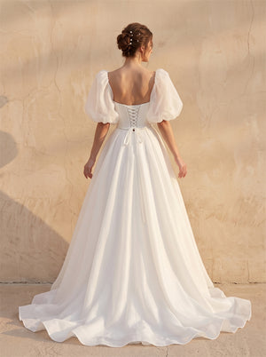 Off Shoulder Puff Organza Sleeve Satin Wedding Dress Wrap Ruched Bodice Corset Back Voluminous Formal Bridal Dress