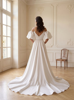 Off-The-Shoulder Puff Sleeve Satin Wedding Dress Sweetheart Lace Neck Beaded Belt High Slit Formal Bridal Dress