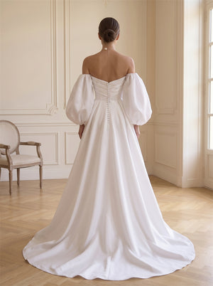 Off-The-Shoulder Puff Sleeve Draped Satin Wedding Dress Cowl Neck High Slit Pearl Button Back Elegant Formal Bridal Dress