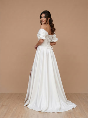 Off-The-Shoulder Bubble Puff Sleeve Satin Wedding Dress High Slit Corset Back Elegant Formal Bridal Dress