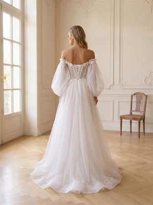 Off-The-Shoulder Sheer Puff Sleeve Glitter Tulle Wedding Dress Floral Lace Corset Back High Slit Formal Bridal Dress