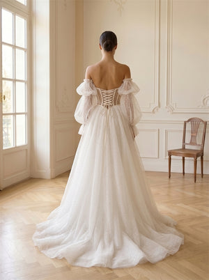 Off-The-Shoulder Puff Sleeve Dot Tulle Wedding Dress Sheer Structured Corset Lace Up Back Formal Bridal Dress
