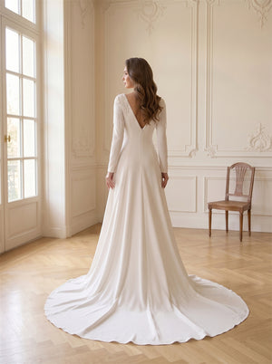 Long Sleeve Fringe Beaded Shoulder Satin Wedding Dress Plunge V Front And Back Classic Formal Bridal Dress