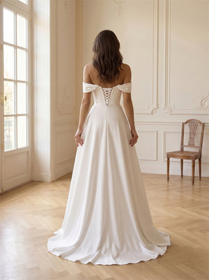 Off-The-Shoulder Bow Detail Satin Wedding Dress Pleated Keyhole Corset Back High Slit Elegant Formal Bridal Dress