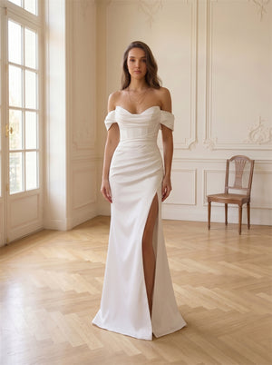 Off-The-Shoulder Draped Satin Mermaid Wedding Dress Corset Bodice Detachable Overskirt Pearl Button Back Formal Bridal Dress