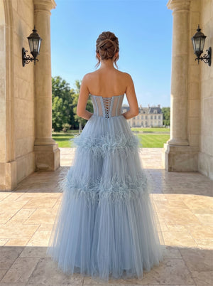 Strapless Rhinestone Corset Tulle Prom Dress Tiered Ostrich Feather Trim Voluminous A Line Floor Length Formal Evening Dress