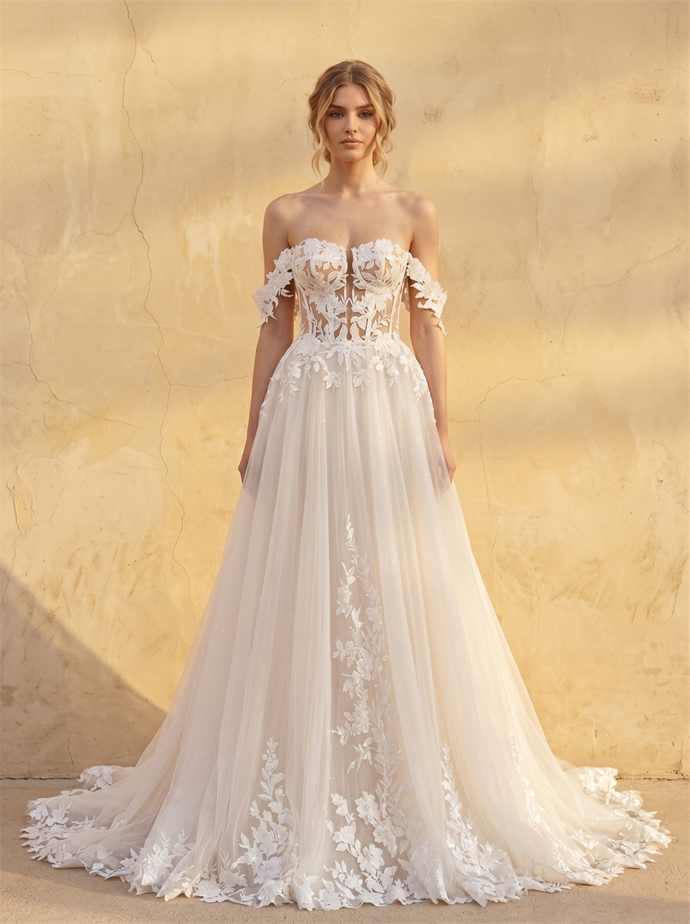 Off Shoulder Sweetheart Floral Lace Corset Tulle A Line Wedding Dress Sheer Back Scalloped Cathedral Train Bridal Dress