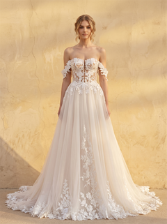 Off Shoulder Sweetheart Floral Lace Corset Tulle A Line Wedding Dress Sheer Back Scalloped Cathedral Train Bridal Dress