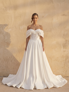 Off Shoulder Fold Satin Corset A Line Wedding Dress Sheer Lace Boned Bodice Lace-Up Back Chapel Train Bridal Dress