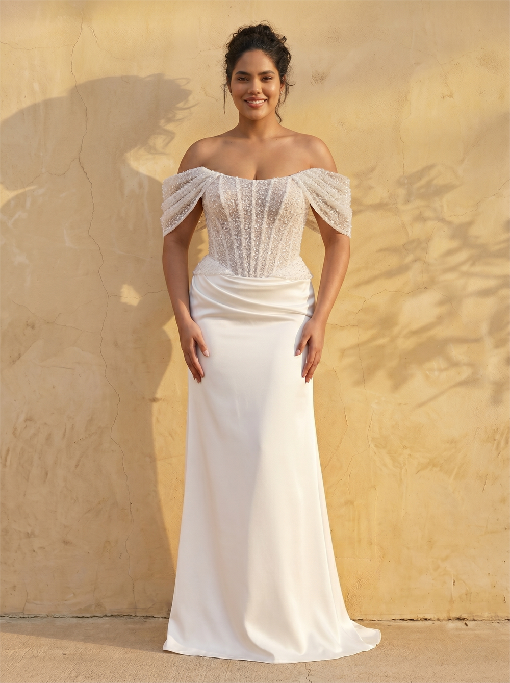 Off Shoulder Pleated Beaded Corset Satin Mermaid Wedding Dress Ruched Waist Invisible Zip Back Luxury Bridal Dress