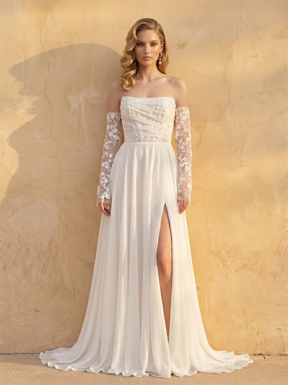 Strapless Ruched Floral Lace Chiffon A Line Wedding Dress Detachable Long Lace Sleeve High Slit Lace Up Back Bridal Dress