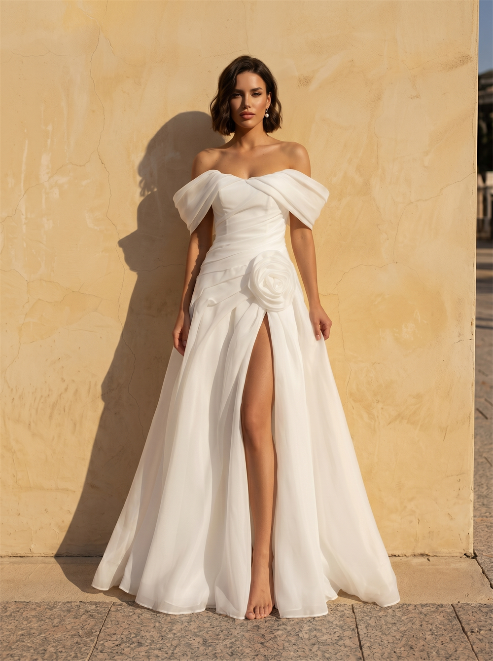 Off Shoulder Draped Organza A Line Wedding Dress 3D Floral Applique High Slit Lace Up Back Floor Length Bridal Dress